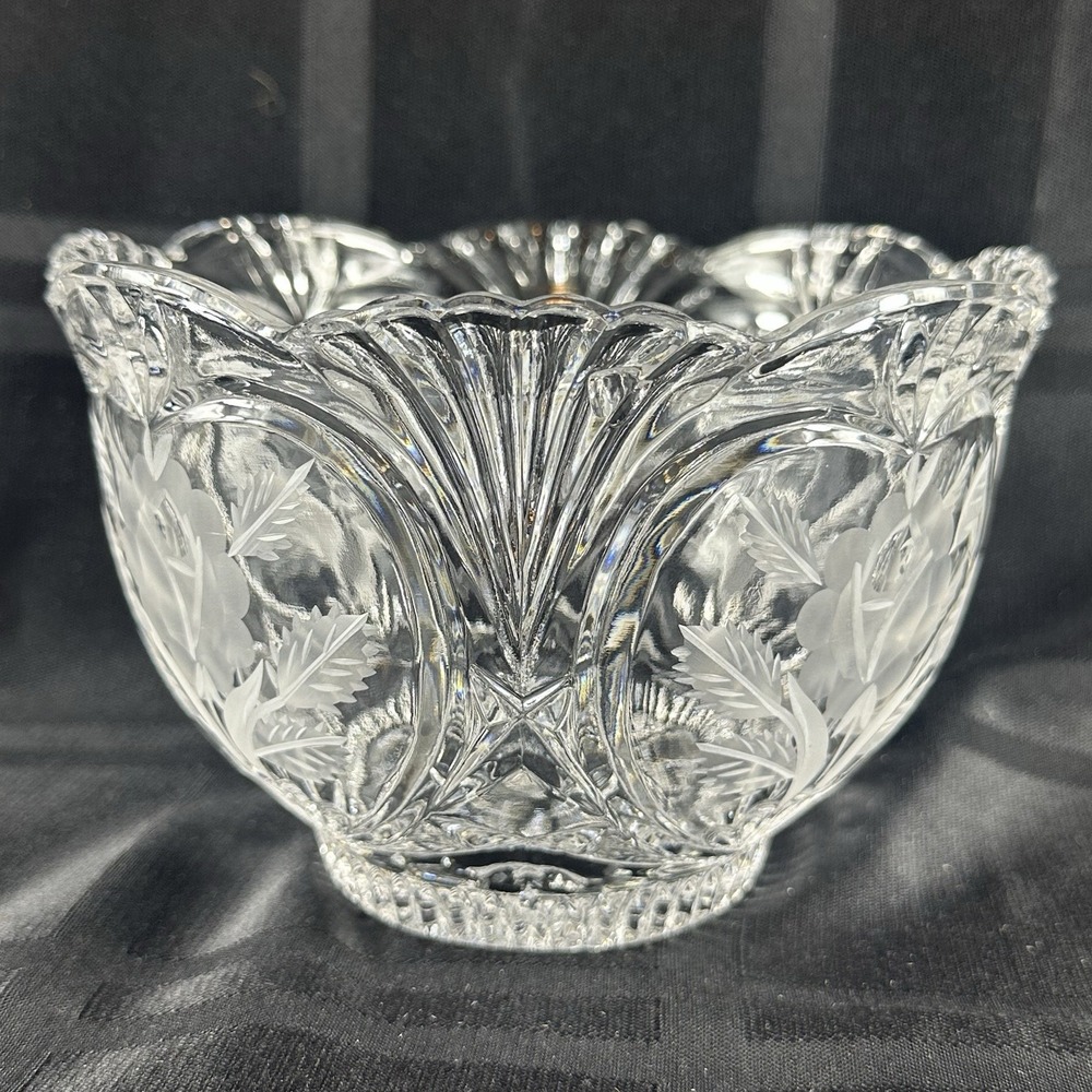 Sullivans 24% Lead Crystal Bowl Rose Etched Frosted Floral Made in Poland 6 Inch